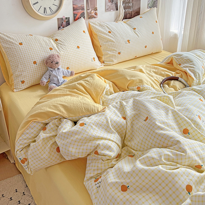 91家纺网 家纺一手货源 找家纺 沐芷 2025 A类水洗棉印花四件套卡通简约床单三件套宿舍 【提供买家秀】 格子橘