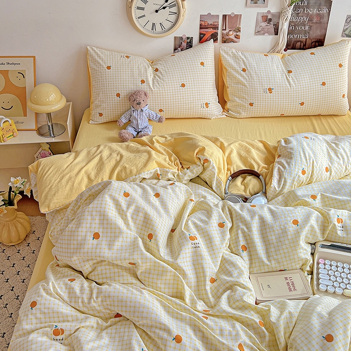 91家纺网 家纺一手货源 找家纺 沐芷 2025 A类水洗棉印花四件套卡通简约床单三件套宿舍 【提供买家秀】 格子橘