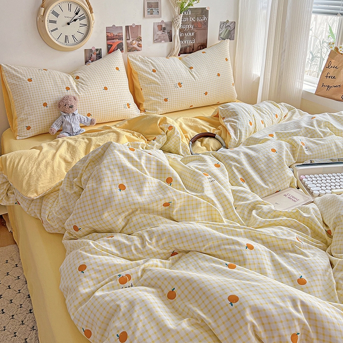 91家纺网 家纺一手货源 找家纺 沐芷 2025 A类水洗棉印花四件套卡通简约床单三件套宿舍 【提供买家秀】 格子橘