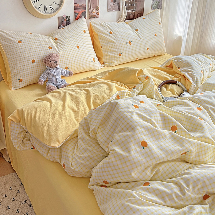 91家纺网 家纺一手货源 找家纺 沐芷 2025 A类水洗棉印花四件套卡通简约床单三件套宿舍 【提供买家秀】 格子橘
