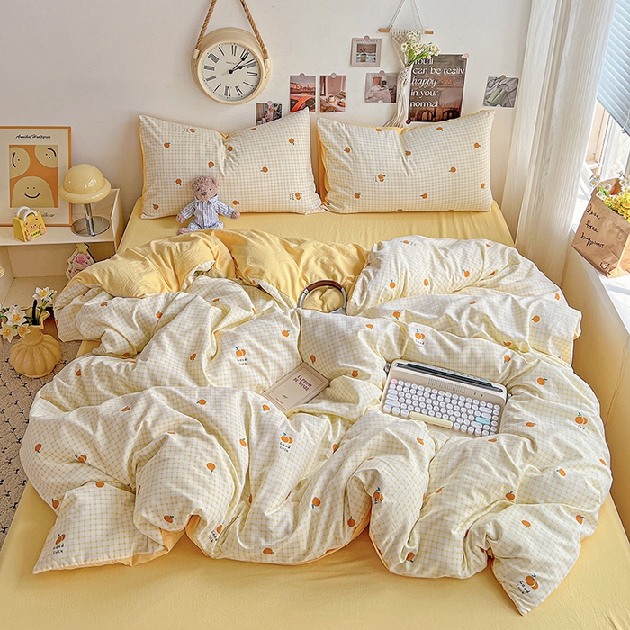 91家纺网 家纺一手货源 找家纺 沐芷 2025 A类水洗棉印花四件套卡通简约床单三件套宿舍 【提供买家秀】 格子橘