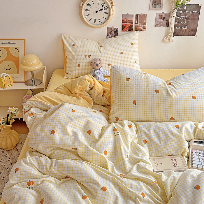 91家纺网 家纺一手货源 找家纺 沐芷 2025 A类水洗棉印花四件套卡通简约床单三件套宿舍 【提供买家秀】 格子橘