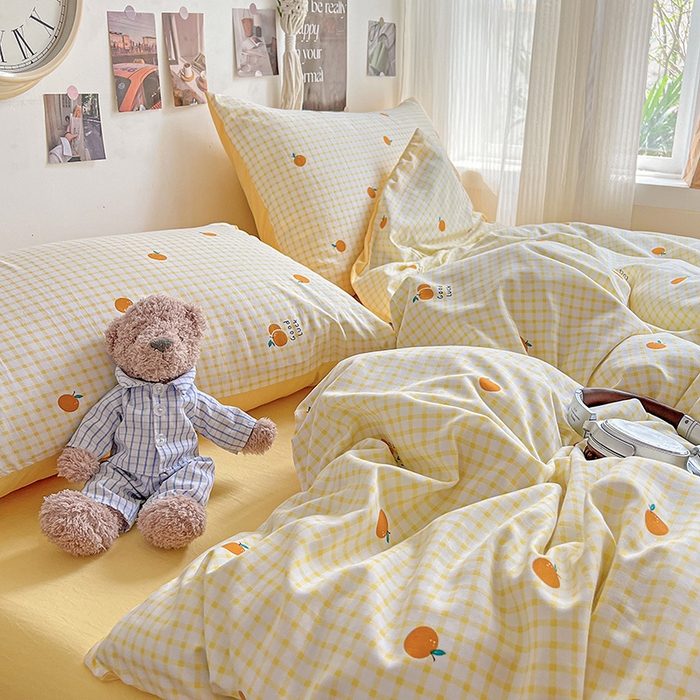 91家纺网 家纺一手货源 找家纺 沐芷 2025 A类水洗棉印花四件套卡通简约床单三件套宿舍 【提供买家秀】 格子橘