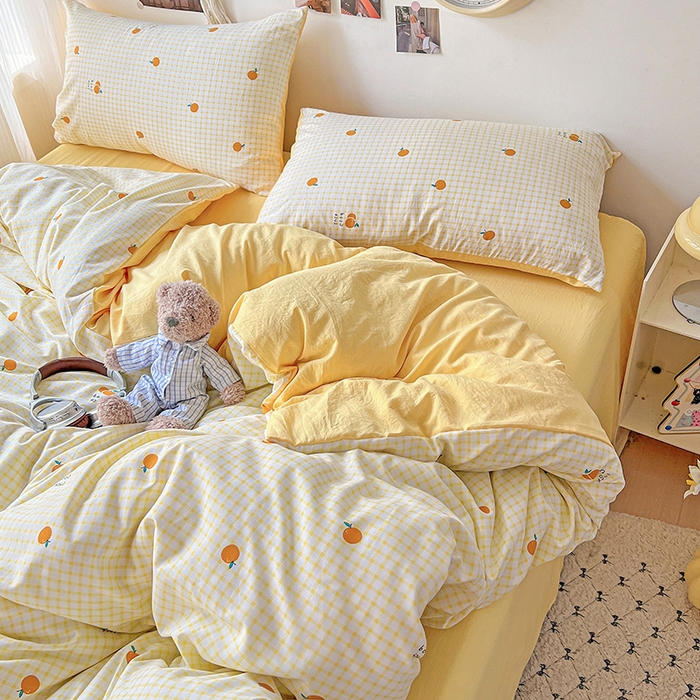 91家纺网 家纺一手货源 找家纺 沐芷 2025 A类水洗棉印花四件套卡通简约床单三件套宿舍 【提供买家秀】 格子橘