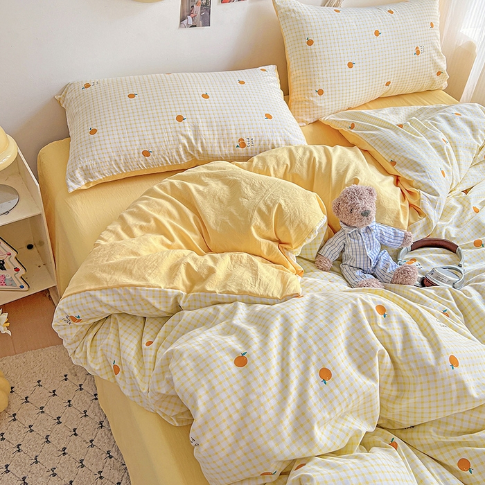 91家纺网 家纺一手货源 找家纺 沐芷 2025 A类水洗棉印花四件套卡通简约床单三件套宿舍 【提供买家秀】 格子橘