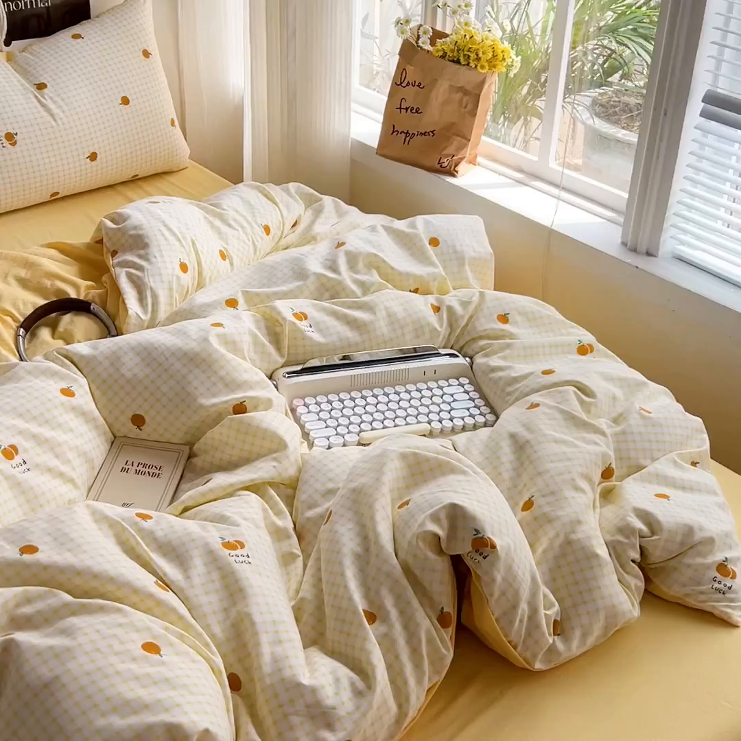 91家纺网 家纺一手货源 找家纺 沐芷 2025 A类水洗棉印花四件套卡通简约床单三件套宿舍 【提供买家秀】 格子橘