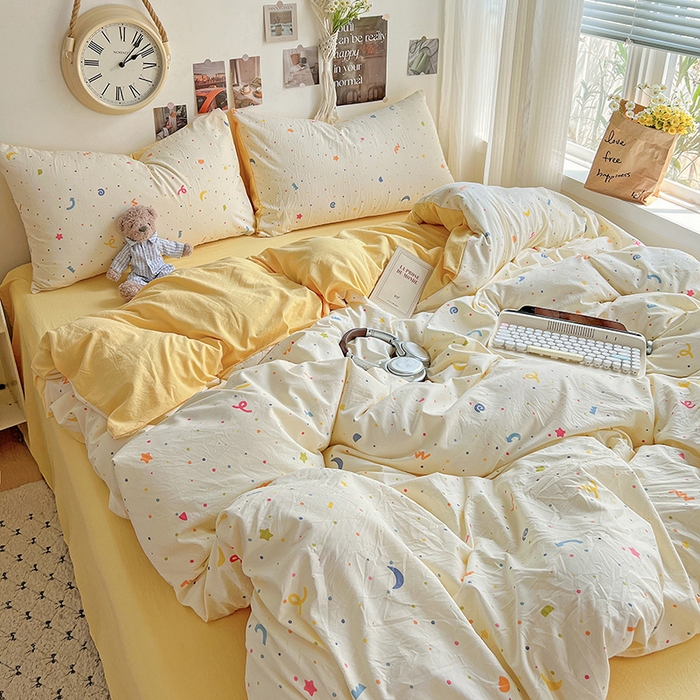 91家纺网 家纺一手货源 找家纺 沐芷 2025 A类水洗棉印花四件套卡通简约床单三件套宿舍 【提供买家秀】 奶酪点点