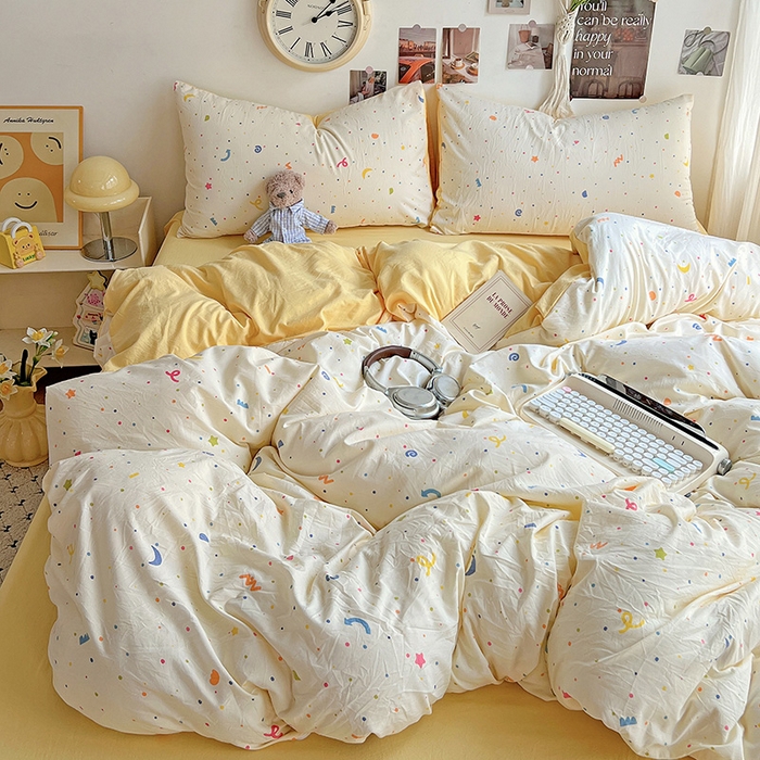 91家纺网 家纺一手货源 找家纺 沐芷 2025 A类水洗棉印花四件套卡通简约床单三件套宿舍 【提供买家秀】 奶酪点点