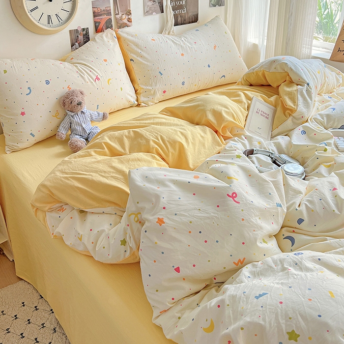 91家纺网 家纺一手货源 找家纺 沐芷 2025 A类水洗棉印花四件套卡通简约床单三件套宿舍 【提供买家秀】 奶酪点点