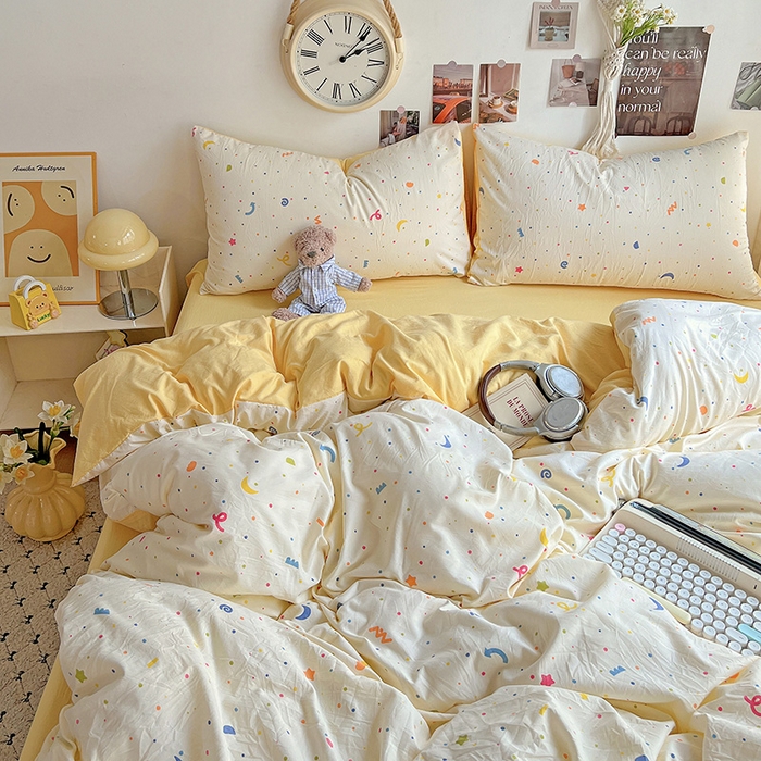 91家纺网 家纺一手货源 找家纺 沐芷 2025 A类水洗棉印花四件套卡通简约床单三件套宿舍 【提供买家秀】 奶酪点点