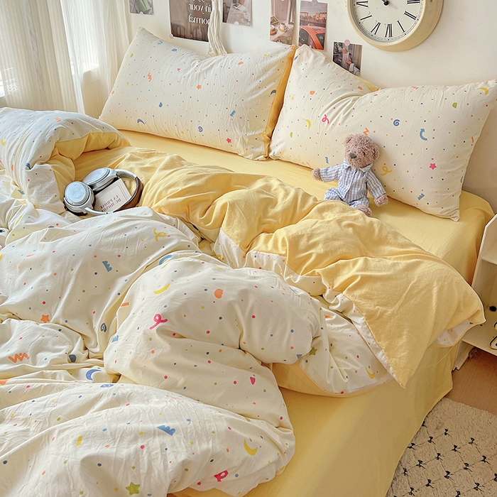 91家纺网 家纺一手货源 找家纺 沐芷 2025 A类水洗棉印花四件套卡通简约床单三件套宿舍 【提供买家秀】 奶酪点点