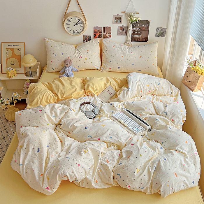 91家纺网 家纺一手货源 找家纺 沐芷 2025 A类水洗棉印花四件套卡通简约床单三件套宿舍 【提供买家秀】 奶酪点点