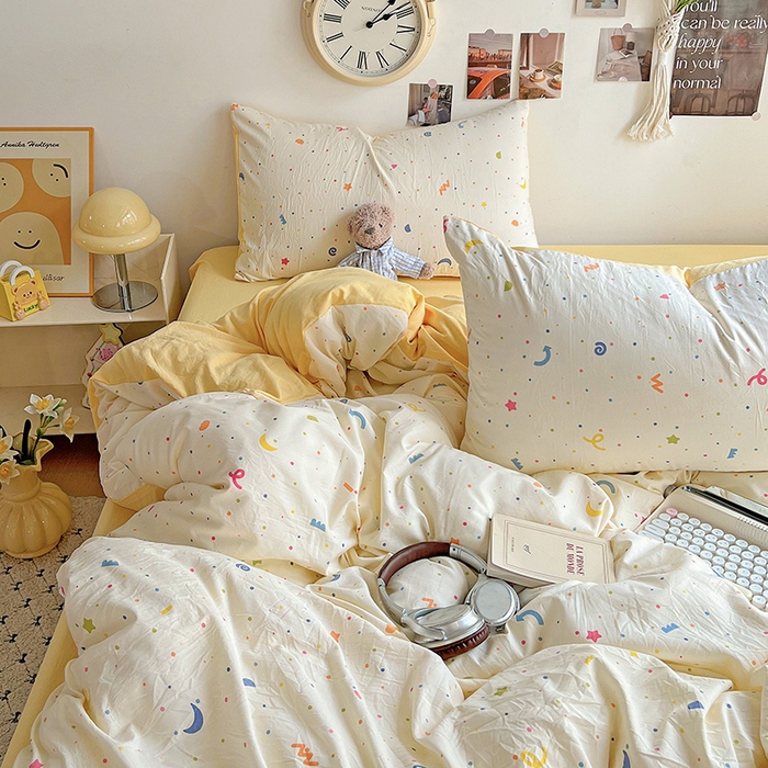 91家纺网 家纺一手货源 找家纺 沐芷 2025 A类水洗棉印花四件套卡通简约床单三件套宿舍 【提供买家秀】 奶酪点点