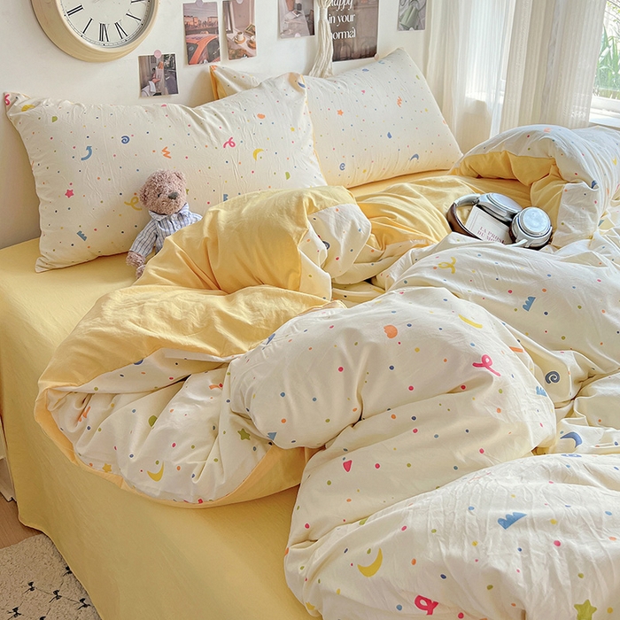 91家纺网 家纺一手货源 找家纺 沐芷 2025 A类水洗棉印花四件套卡通简约床单三件套宿舍 【提供买家秀】 奶酪点点