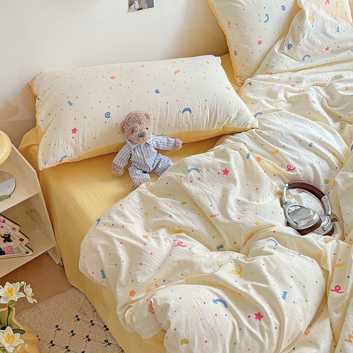 91家纺网 家纺一手货源 找家纺 沐芷 2025 A类水洗棉印花四件套卡通简约床单三件套宿舍 【提供买家秀】 奶酪点点