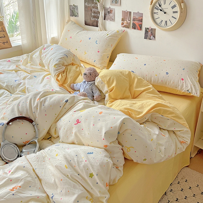 91家纺网 家纺一手货源 找家纺 沐芷 2025 A类水洗棉印花四件套卡通简约床单三件套宿舍 【提供买家秀】 奶酪点点