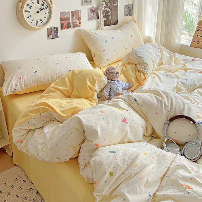 91家纺网 家纺一手货源 找家纺 沐芷 2025 A类水洗棉印花四件套卡通简约床单三件套宿舍 【提供买家秀】 奶酪点点