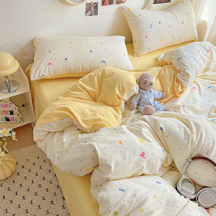 91家纺网 家纺一手货源 找家纺 沐芷 2025 A类水洗棉印花四件套卡通简约床单三件套宿舍 【提供买家秀】 奶酪点点