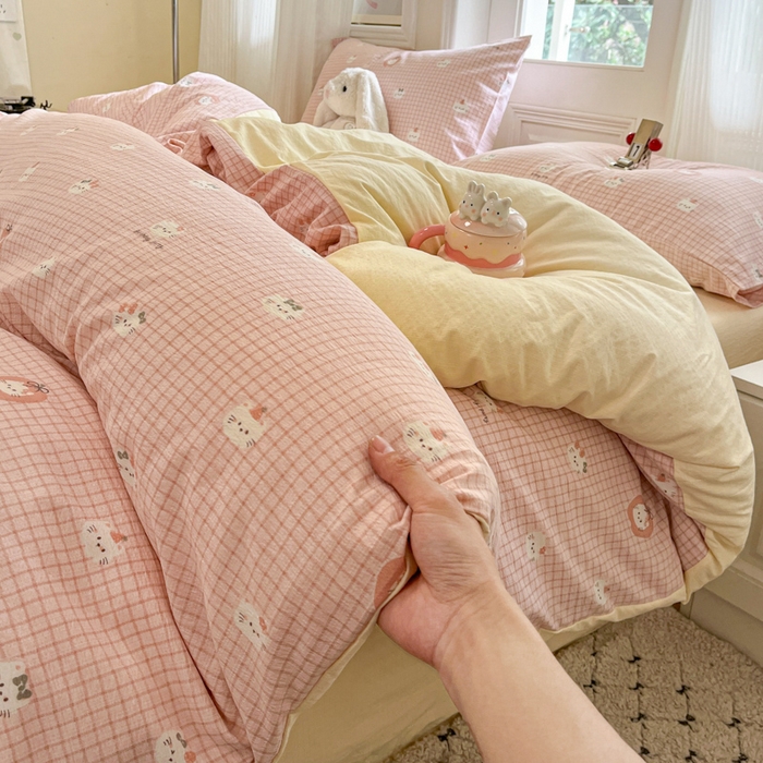 91家纺网 家纺一手货源 找家纺 港岛妹妹 2025新款高克重提花双层纱四件套-风格一 苹果小喵