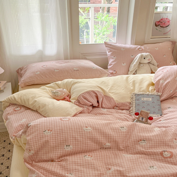 91家纺网 家纺一手货源 找家纺 港岛妹妹 2025新款高克重提花双层纱四件套-风格一 苹果小喵