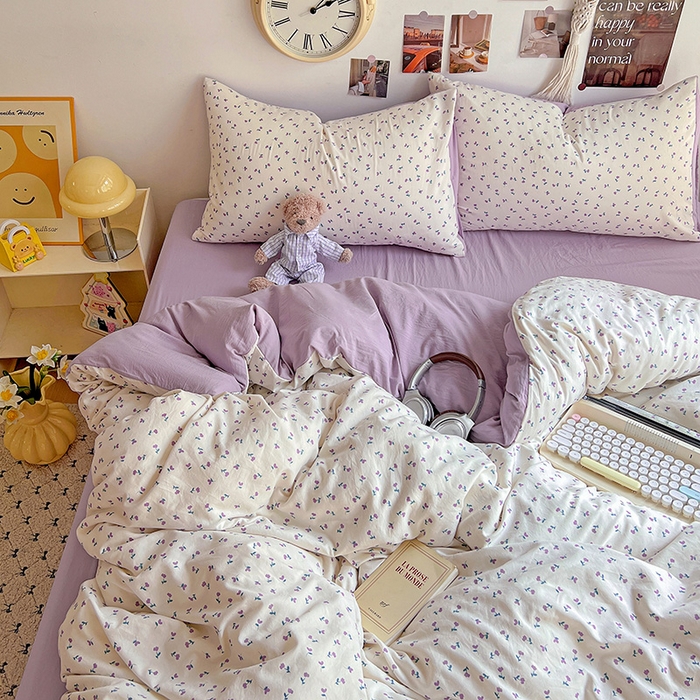 沐芷 2025 A类水洗棉印花四件套卡通简约床单三件套宿舍【提供买家秀】 紫韵