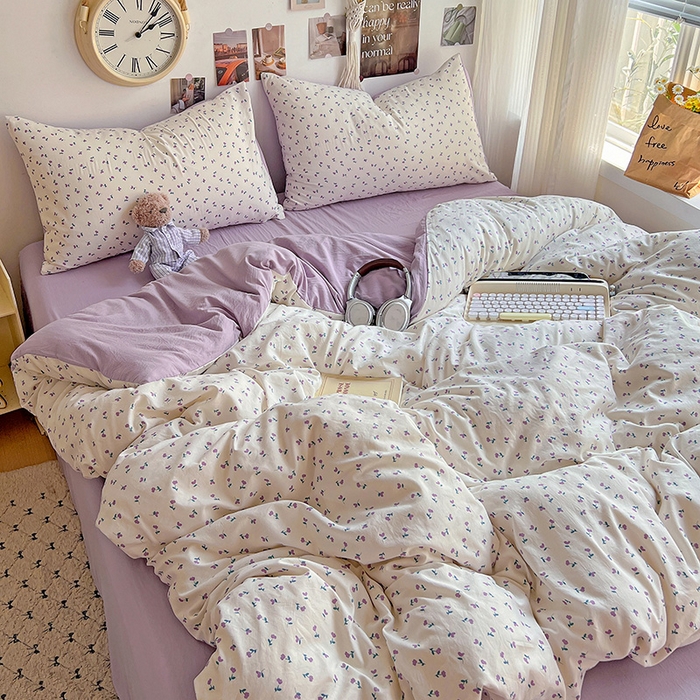 91家纺网 家纺一手货源 找家纺 沐芷 2025 A类水洗棉印花四件套卡通简约床单三件套宿舍 【提供买家秀】 紫韵