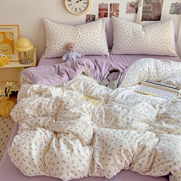 91家纺网 家纺一手货源 找家纺 沐芷 2025 A类水洗棉印花四件套卡通简约床单三件套宿舍 【提供买家秀】 紫韵