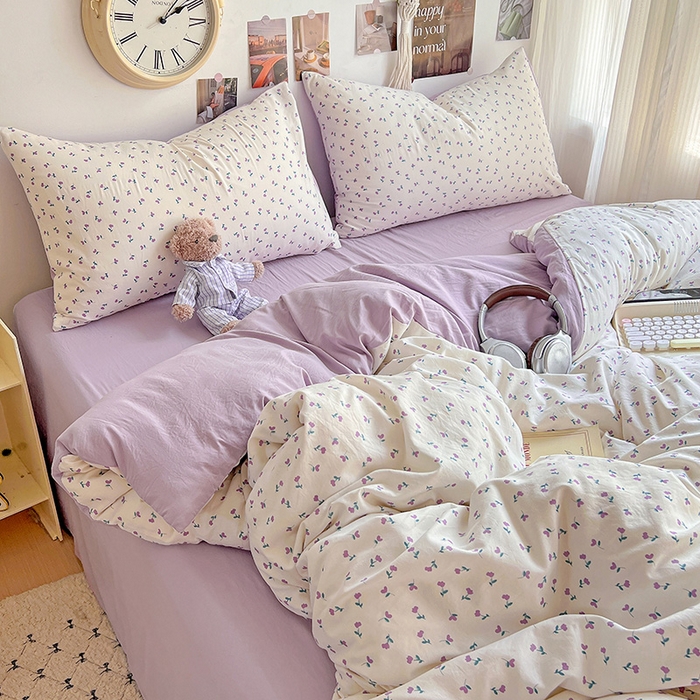 91家纺网 家纺一手货源 找家纺 沐芷 2025 A类水洗棉印花四件套卡通简约床单三件套宿舍 【提供买家秀】 紫韵