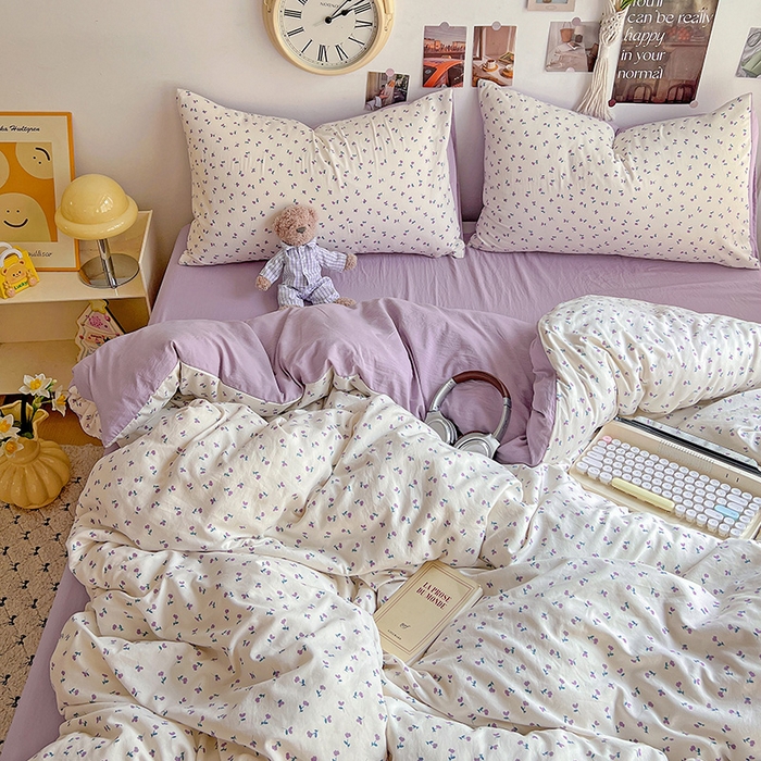 91家纺网 家纺一手货源 找家纺 沐芷 2025 A类水洗棉印花四件套卡通简约床单三件套宿舍 【提供买家秀】 紫韵