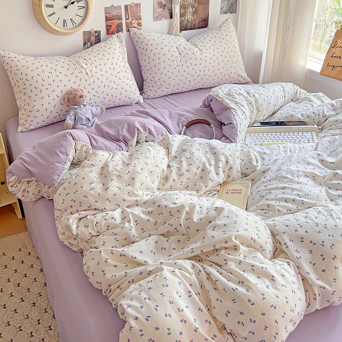 91家纺网 家纺一手货源 找家纺 沐芷 2025 A类水洗棉印花四件套卡通简约床单三件套宿舍 【提供买家秀】 紫韵