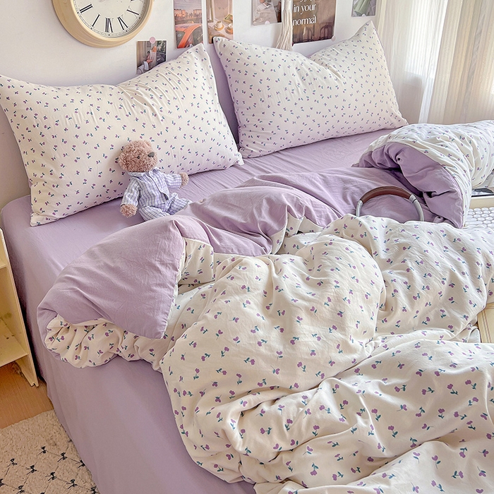 91家纺网 家纺一手货源 找家纺 沐芷 2025 A类水洗棉印花四件套卡通简约床单三件套宿舍 【提供买家秀】 紫韵