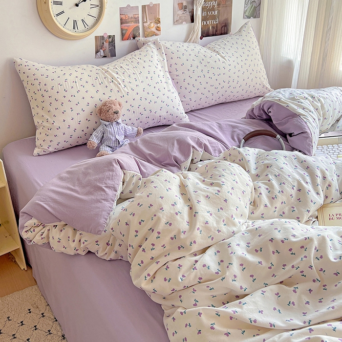 91家纺网 家纺一手货源 找家纺 沐芷 2025 A类水洗棉印花四件套卡通简约床单三件套宿舍 【提供买家秀】 紫韵