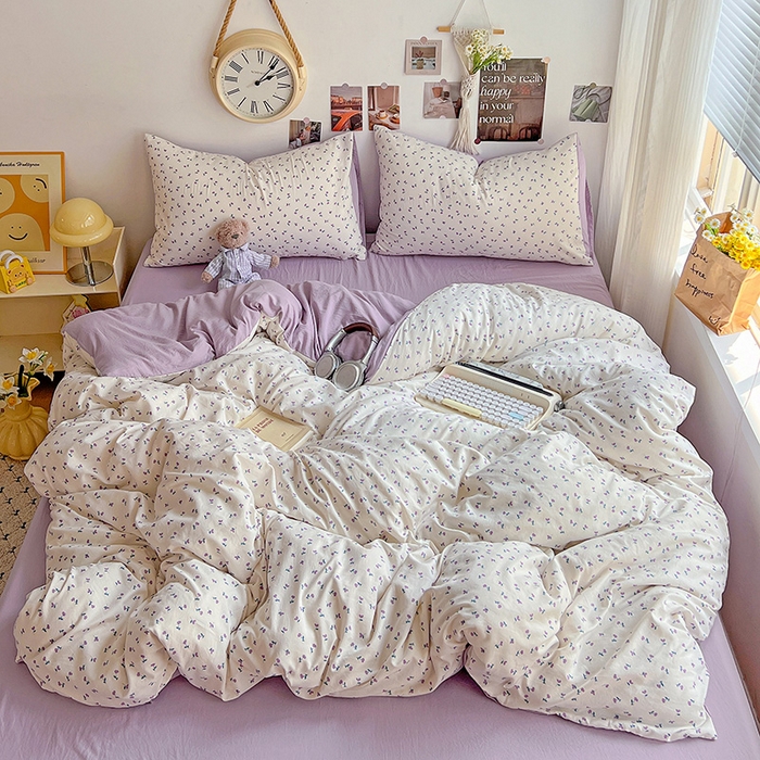 91家纺网 家纺一手货源 找家纺 沐芷 2025 A类水洗棉印花四件套卡通简约床单三件套宿舍 【提供买家秀】 紫韵