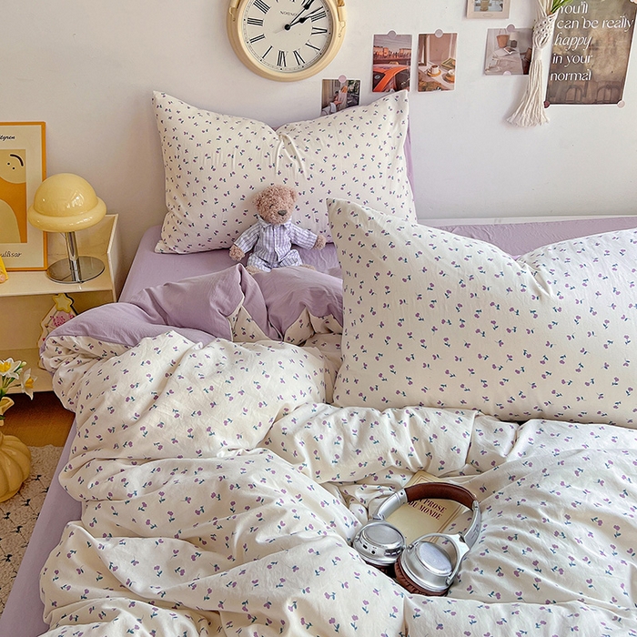 91家纺网 家纺一手货源 找家纺 沐芷 2025 A类水洗棉印花四件套卡通简约床单三件套宿舍 【提供买家秀】 紫韵