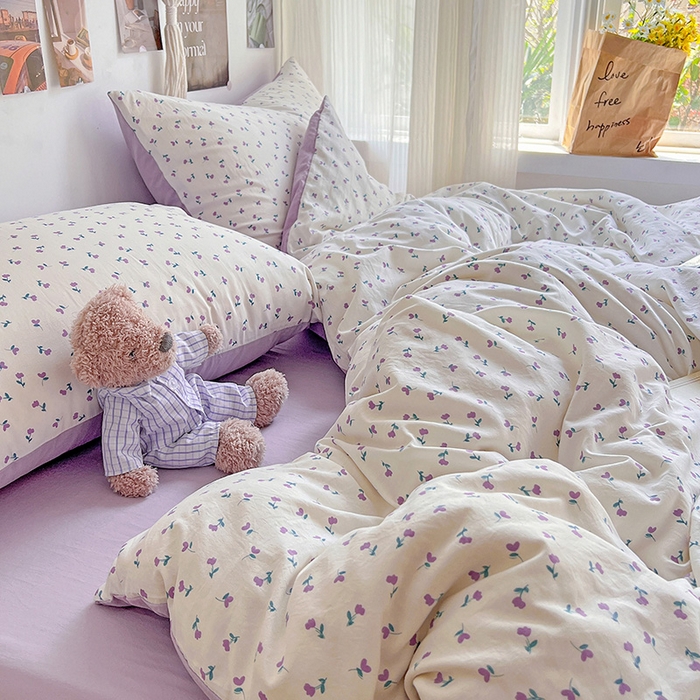 91家纺网 家纺一手货源 找家纺 沐芷 2025 A类水洗棉印花四件套卡通简约床单三件套宿舍 【提供买家秀】 紫韵