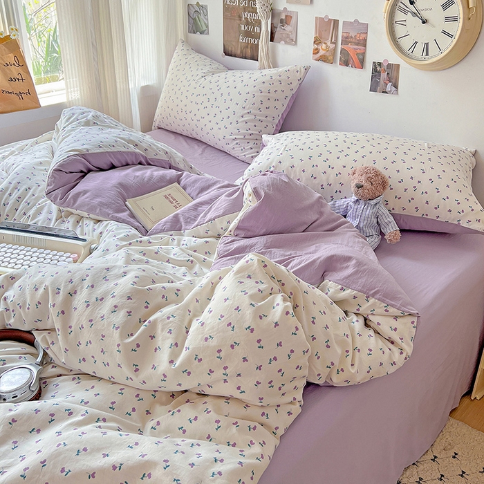 91家纺网 家纺一手货源 找家纺 沐芷 2025 A类水洗棉印花四件套卡通简约床单三件套宿舍 【提供买家秀】 紫韵