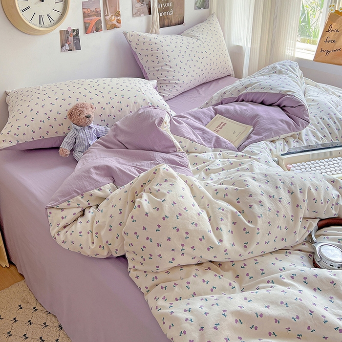 91家纺网 家纺一手货源 找家纺 沐芷 2025 A类水洗棉印花四件套卡通简约床单三件套宿舍 【提供买家秀】 紫韵