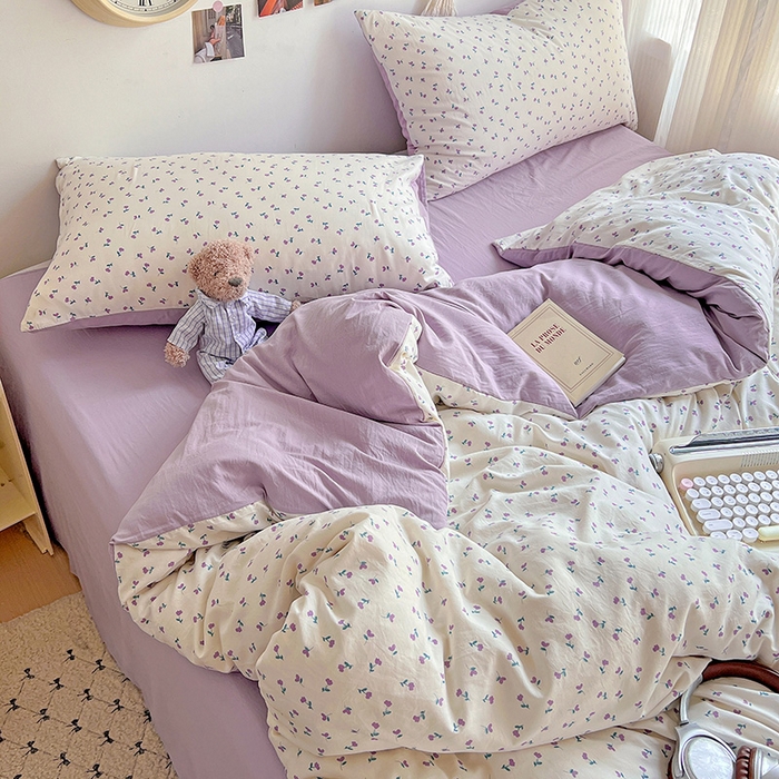 91家纺网 家纺一手货源 找家纺 沐芷 2025 A类水洗棉印花四件套卡通简约床单三件套宿舍 【提供买家秀】 紫韵