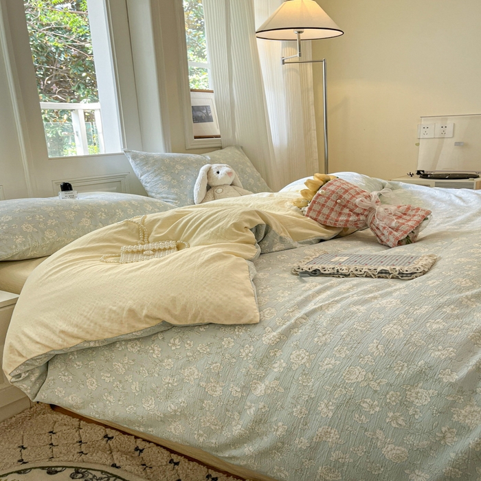 91家纺网 家纺一手货源 找家纺 港岛妹妹 2025新款高克重提花双层纱四件套-风格一 茶花