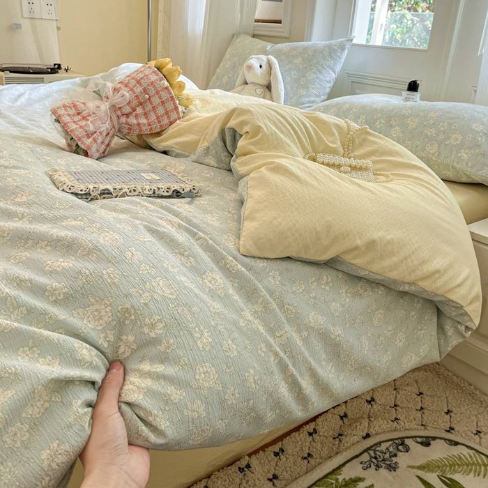 91家纺网 家纺一手货源 找家纺 港岛妹妹 2025新款高克重提花双层纱四件套-风格一 茶花