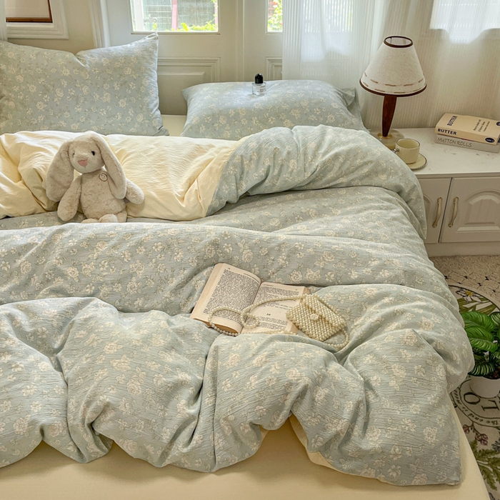 91家纺网 家纺一手货源 找家纺 港岛妹妹 2025新款高克重提花双层纱四件套-风格一 茶花