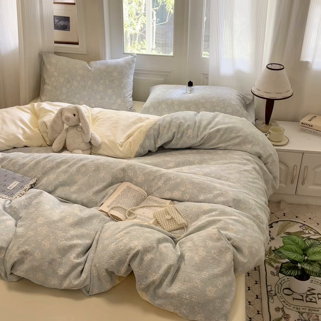 91家纺网 家纺一手货源 找家纺 港岛妹妹 2025新款高克重提花双层纱四件套-风格一 茶花