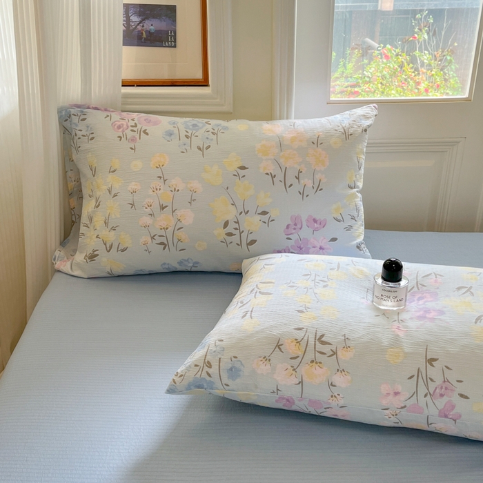 91家纺网 家纺一手货源 找家纺 港岛妹妹 2025新款高克重提花双层纱四件套-风格一 花开半夏-蓝