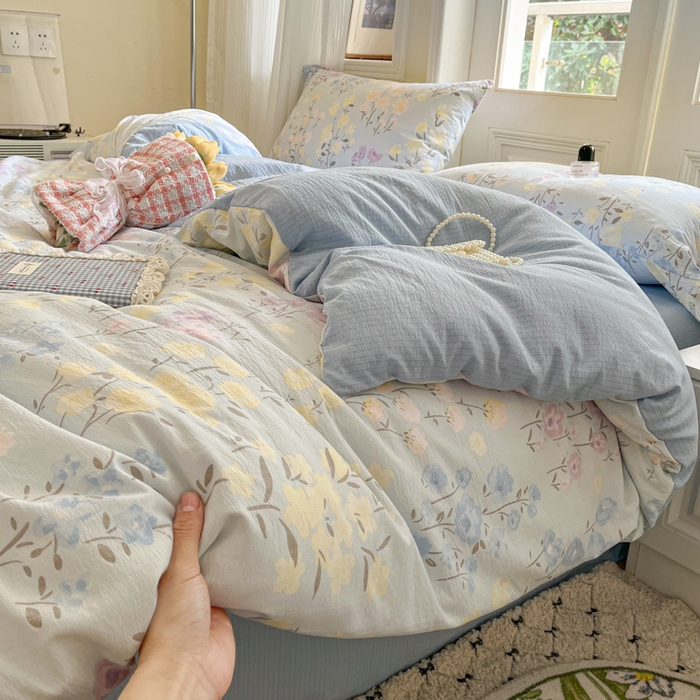 91家纺网 家纺一手货源 找家纺 港岛妹妹 2025新款高克重提花双层纱四件套-风格一 花开半夏-蓝