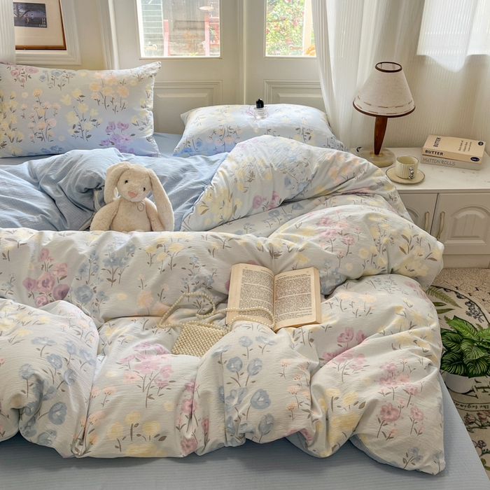 91家纺网 家纺一手货源 找家纺 港岛妹妹 2025新款高克重提花双层纱四件套-风格一 花开半夏-蓝