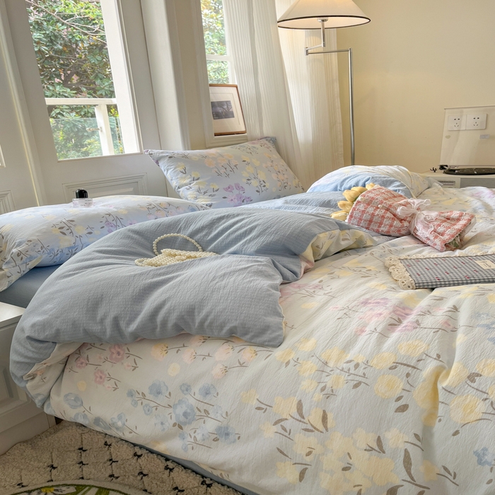 91家纺网 家纺一手货源 找家纺 港岛妹妹 2025新款高克重提花双层纱四件套-风格一 花开半夏-蓝