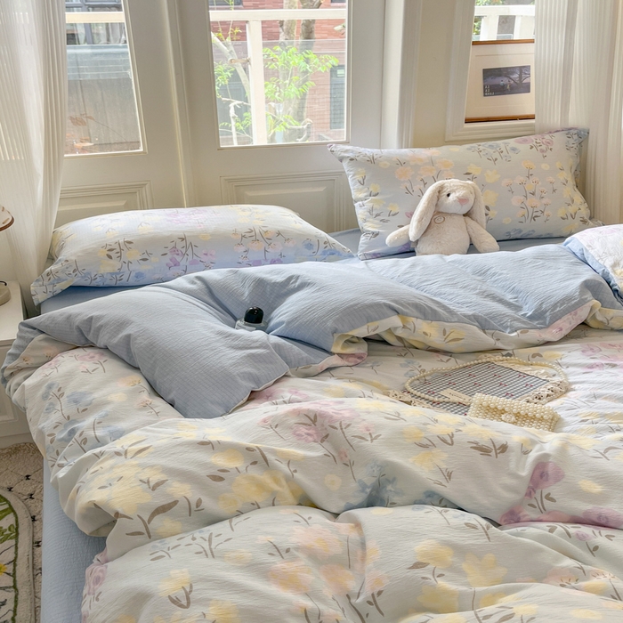 91家纺网 家纺一手货源 找家纺 港岛妹妹 2025新款高克重提花双层纱四件套-风格一 花开半夏-蓝