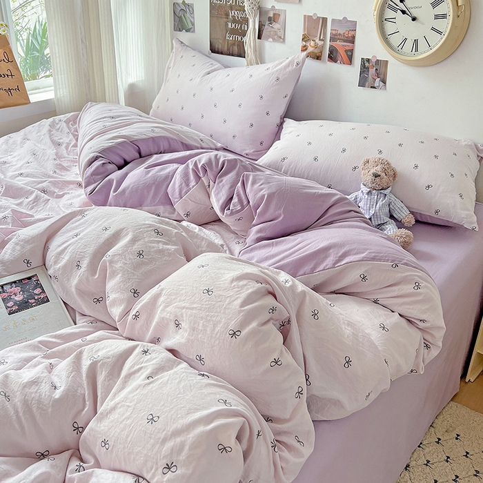 91家纺网 家纺一手货源 找家纺 沐芷 2025 A类水洗棉印花四件套卡通简约床单三件套宿舍 【提供买家秀】 紫色蝴蝶结