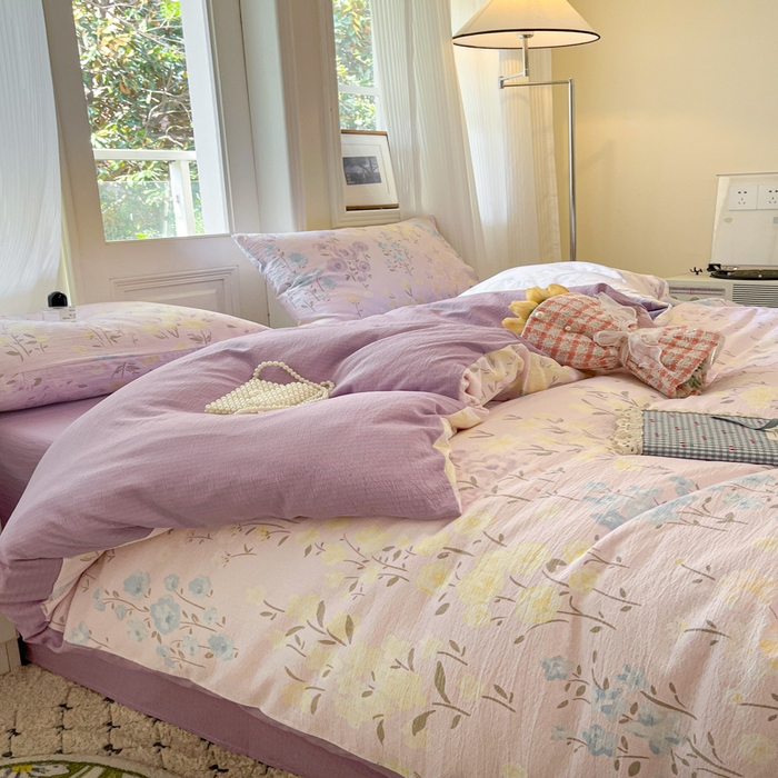 91家纺网 家纺一手货源 找家纺 港岛妹妹 2025新款高克重提花双层纱四件套-风格一 花开半夏紫