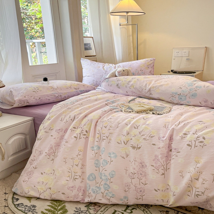 91家纺网 家纺一手货源 找家纺 港岛妹妹 2025新款高克重提花双层纱四件套-风格一 花开半夏紫